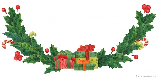 クリスマスヒイラギの花輪、ギフトボックス、キャンディー杖