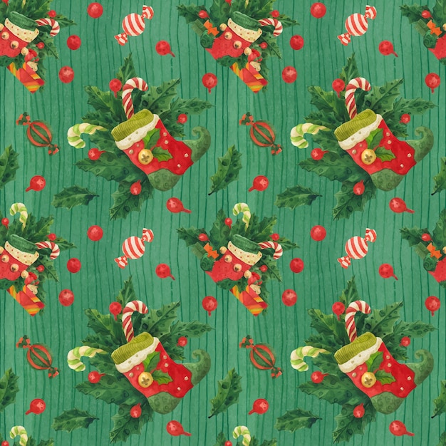 Vector christmas holly green pattern with elf stockings and candy canes, traced watercolor