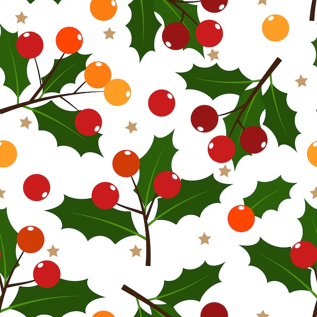 Christmas holly leaves and berries ornate seamless pattern.