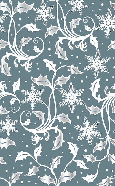 Christmas Holly leaves with Silver Foil and Snowflakes on Blue Background-Christmas Seamless vector