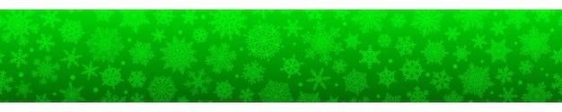 Christmas horizontal banner of big and small complex snowflakes with seamless horizontal repetition in green colors winter background with falling snow