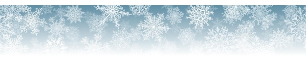 Christmas horizontal  banner of big and small complex snowflakes with seamless horizontal repetition, in light blue colors. Winter background with falling snow