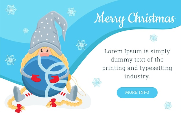 A Christmas horizontal banner with a shy gnomella in a blue cap with a Christmas ball Vector