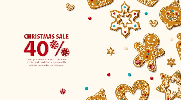 Christmas horizontal sale banner template with gingerbread and candy canes. Vector illustration.