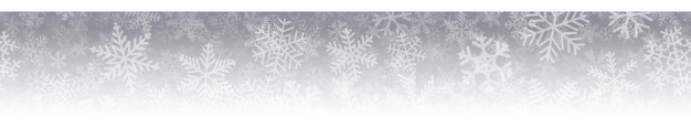 Banner orizzontale senza cuciture di natale di molti strati di fiocchi di neve di diverse forme, dimensioni e trasparenza su sfondo sfumato da grigio a bianco