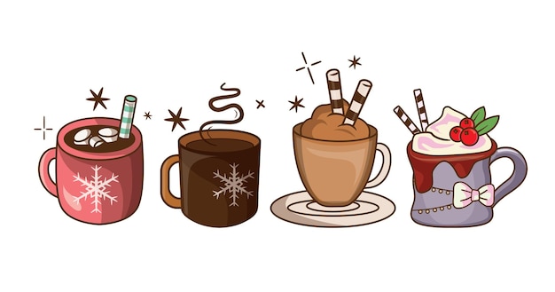 Christmas hot beverages of coffee chocolate and eggnog drinks in mugs and cups