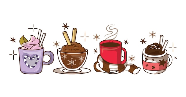 Vector christmas hot beverages of coffee chocolate and eggnog drinks in mugs and cups