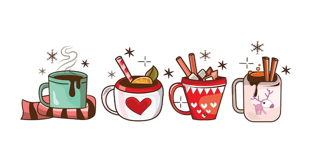 Christmas hot beverages of coffee chocolate and eggnog drinks in mugs and cups