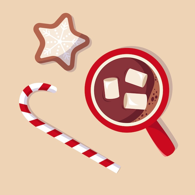 クリスマス ホットド リンク クリスマス テーマ赤いカップ クッキーとキャンディー杖イラスト バナーのスタック