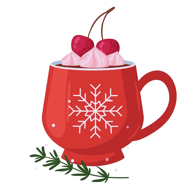 クリスマスのホットドリンクカップ マシュマロのホットカカオの漫画のカップ クリスマスのホットドリンクカップ フラットベクトルイラスト 冬の休日の飲み物
