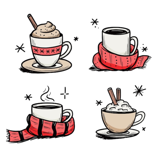 Christmas hot drink set of winter coffee, tea. hand drawn sketch style. drink cup, mug with winter scarf. vector illustration.