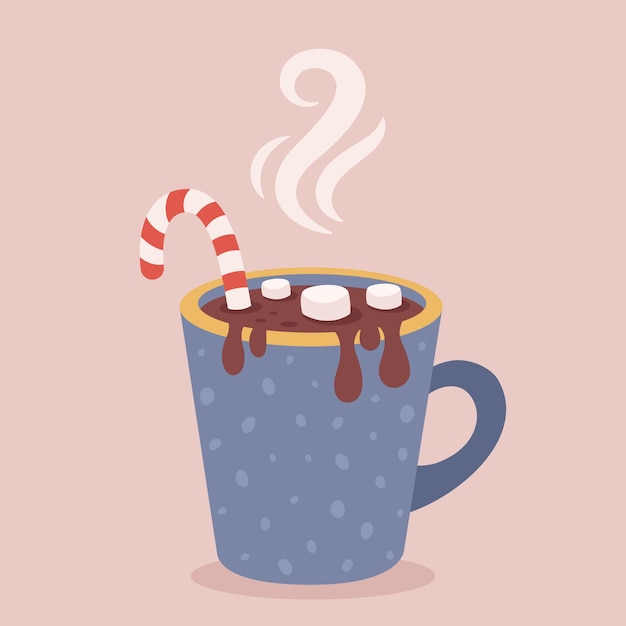 Christmas hot drink with candy cane and marshmallow merry christmas