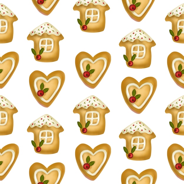 Christmas house heart cookie 3d seamless pattern vector ginger biscuit Xmas cookies