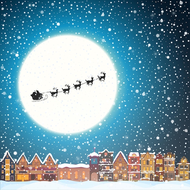 Vector christmas house snowfall at night greeting card flying santa claus deer silhouettes big moon vector