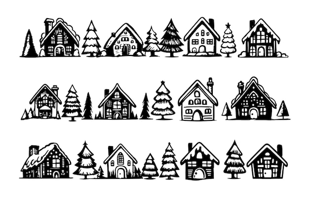 Christmas house and tree has drawn illustrations vector