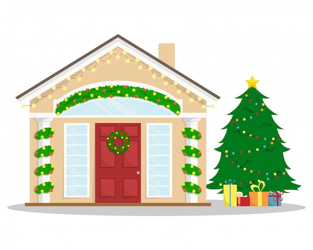 Christmas house with New Year decoration. Winter holidays. Christmas wreath. Flat winter   illustration. Christmas tree with gifts.