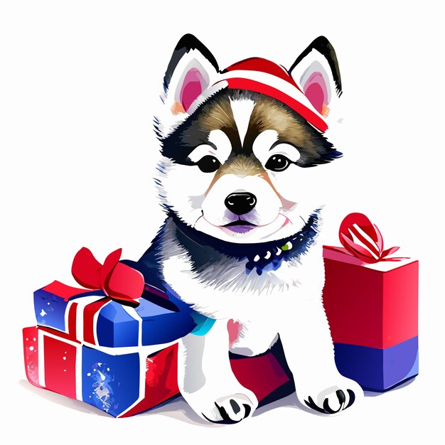 Vector christmas husky puppy hand drawn cartoon sticker icon concept isolated illustration