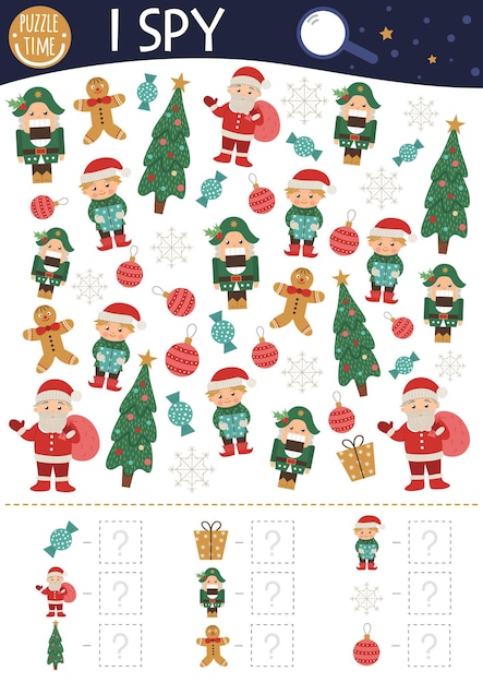 Christmas I spy game for kids Searching and counting activity for preschool children with traditional New Year objects Funny winter printable worksheet for kids Simple holiday spotting puzzlexA