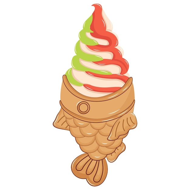 Vector christmas ice cream. taiyaki. taiyaki ice cream. japanese fish-shaped cake.