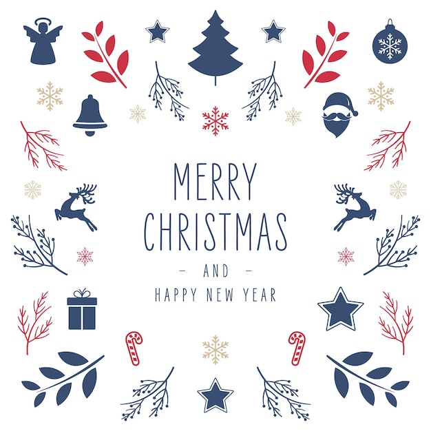 Vector christmas icon elements border square card with greeting text isolated white background