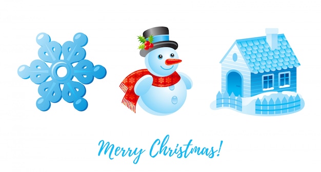 크리스마스 아이콘 설정합니다. 만화 눈송이, 눈사람, 눈 겨울 집.