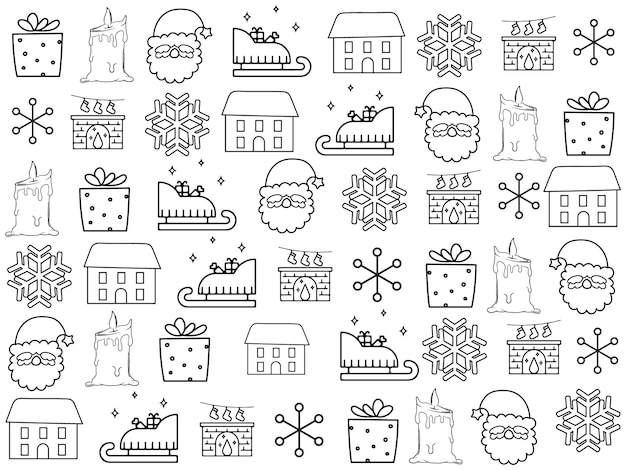 Christmas icon set with snowflakes hats star Christmas tree balls orange sock gift drink