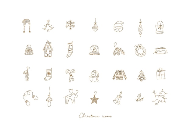 Christmas icons drawing in hand sketch style on light background