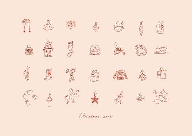 Christmas icons drawing in hand sketch style on peach color background