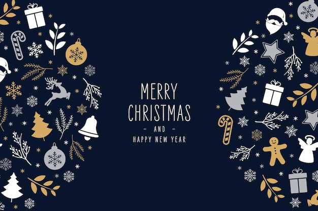 クリスマスアイコンの装飾要素 青い背景のグリーティングカード