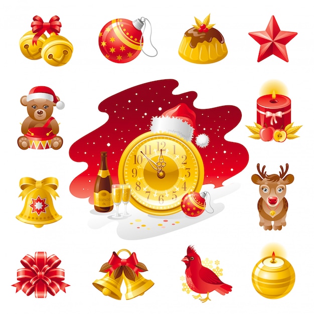 Vettore icone di natale. set vacanza con orsetto, torta, uccello cardinale, renne, cappello da babbo natale, decorazioni natalizie.