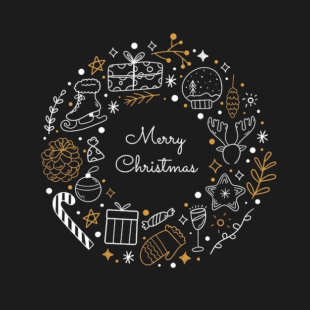 Christmas icons set. gold and white.  black background