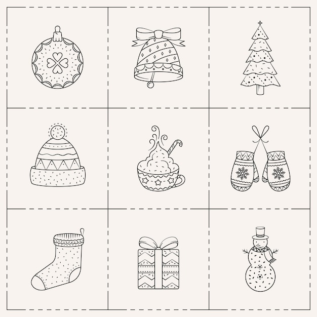 Christmas icons set. Vector line art style.