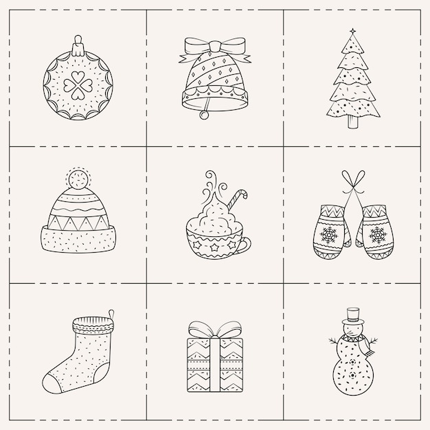 Christmas icons set. vector line art style.