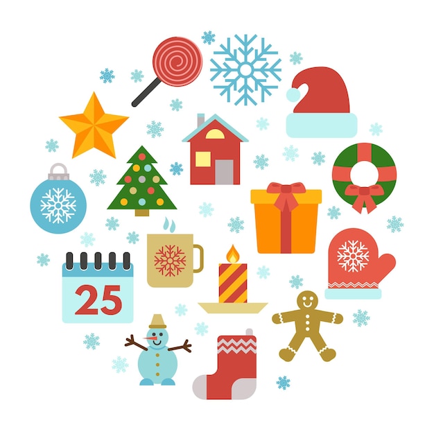 Рождественские иконки со снежинками в круге. новогоднее украшение в плоском стиле. векторная иллюстрация