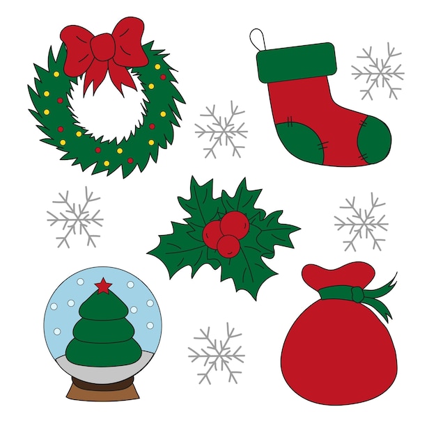 Christmas icons stickers. Wreath, gift bag. Snow globe. Gift sock with mistletoe.