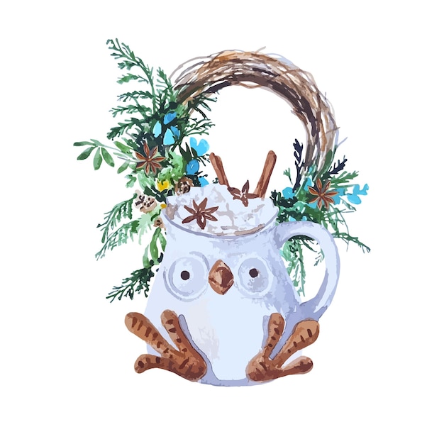 Christmas illustration cute cup in form of owl with marshmallow and christmas holiday wreath