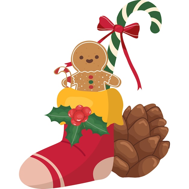 Рождественская иллюстрация пряничного человечка в рождественском чулке