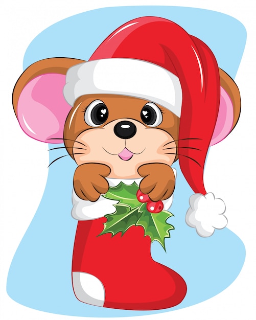 Illustrazione di natale del mouse in calza con cappello santa