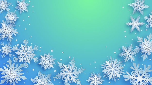明るい青とターコイズ ブルーの背景にソフト シャドウと白の複雑な紙の雪片のクリスマス イラスト