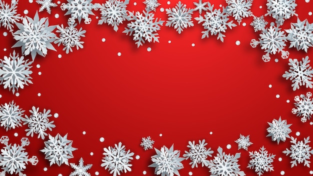 赤い背景に柔らかい影と白い複雑な紙の雪片のクリスマスイラスト