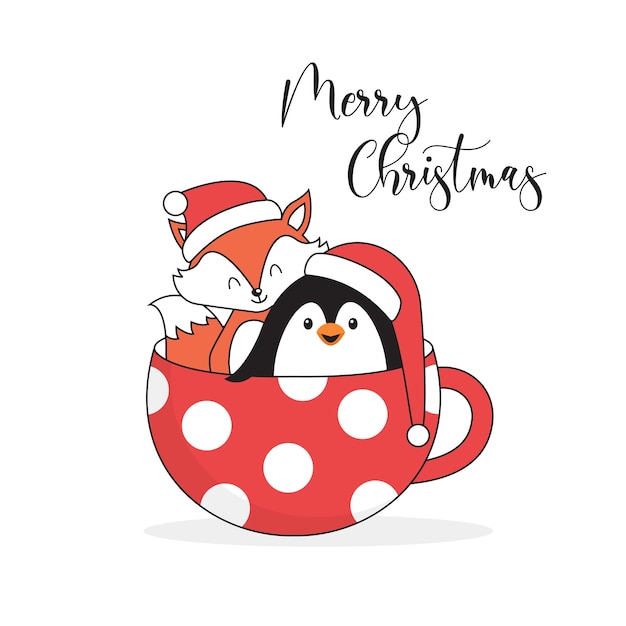 Christmas illustration of penguin and fox inside mug