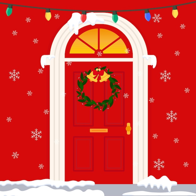 christmas illustration red doors with christmas wreath and garland with snow vector graphics in car