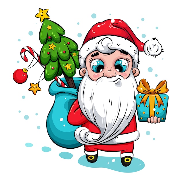 벡터 크리스마스 그림입니다. 크리스마스 트리와 선물 산타 클로스입니다. 산타 클로스는 아이들에게 선물을 제공합니다.