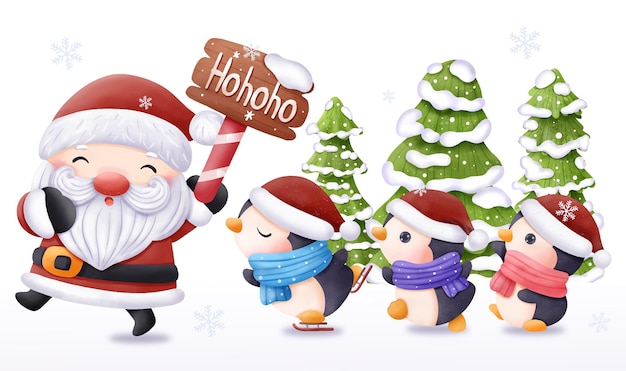 Illustrazione di natale babbo natale con i pinguini