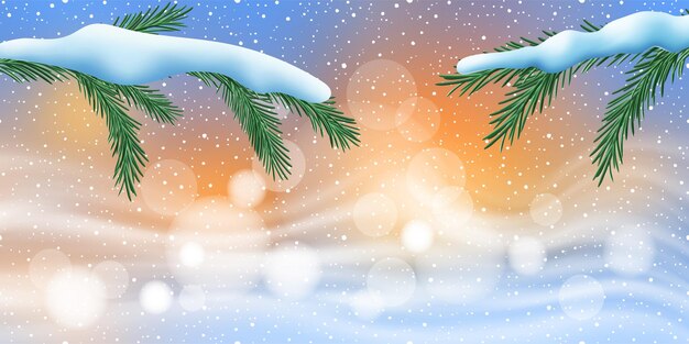 Christmas illustration, spruce branches on the background of a winter landscape, bokeh effect