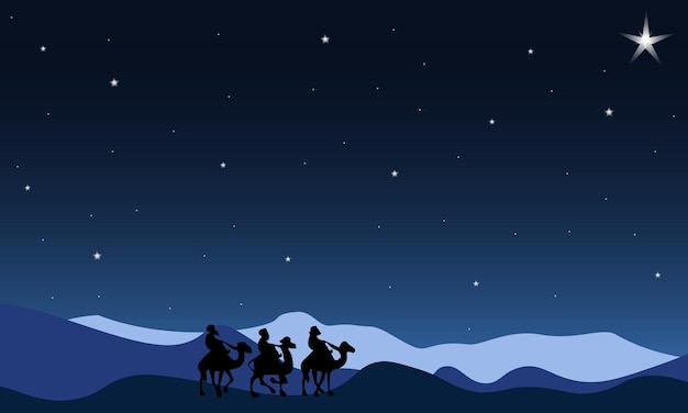 Christmas illustration of the three wise mans magi on their journey following the star of Bethlehem