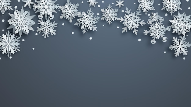 Illustrazione natalizia di fiocchi di neve di carta bianchi complessi con ombre morbide su sfondo grigio
