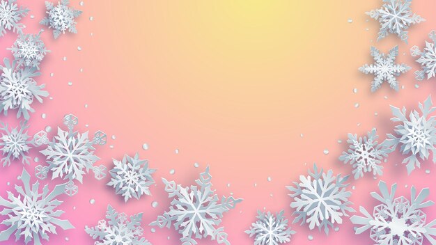 ピンクと黄色の背景に柔らかい影と白い複雑な紙の雪片のクリスマスイラスト