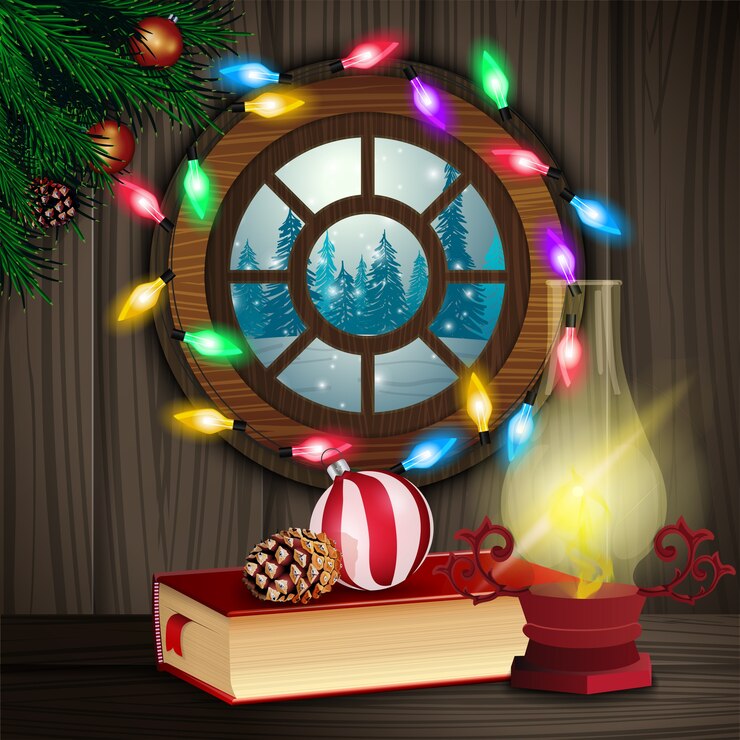 Vector christmas illustration. winter forest in the window from home