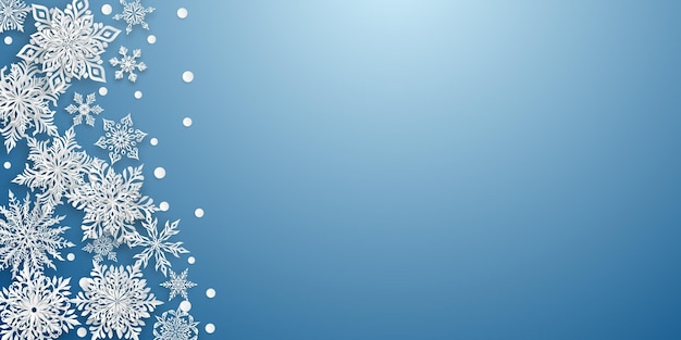 Рождественская иллюстрация с красивыми сложными бумажными снежинками белого цвета на голубом фоне